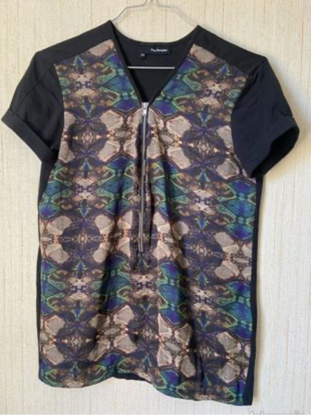 The Kooples Black Tee with Multicolor Kaleidoscope Print